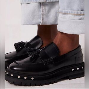 Free People Black Tassel  Tegan Loafers with Studded Detail..